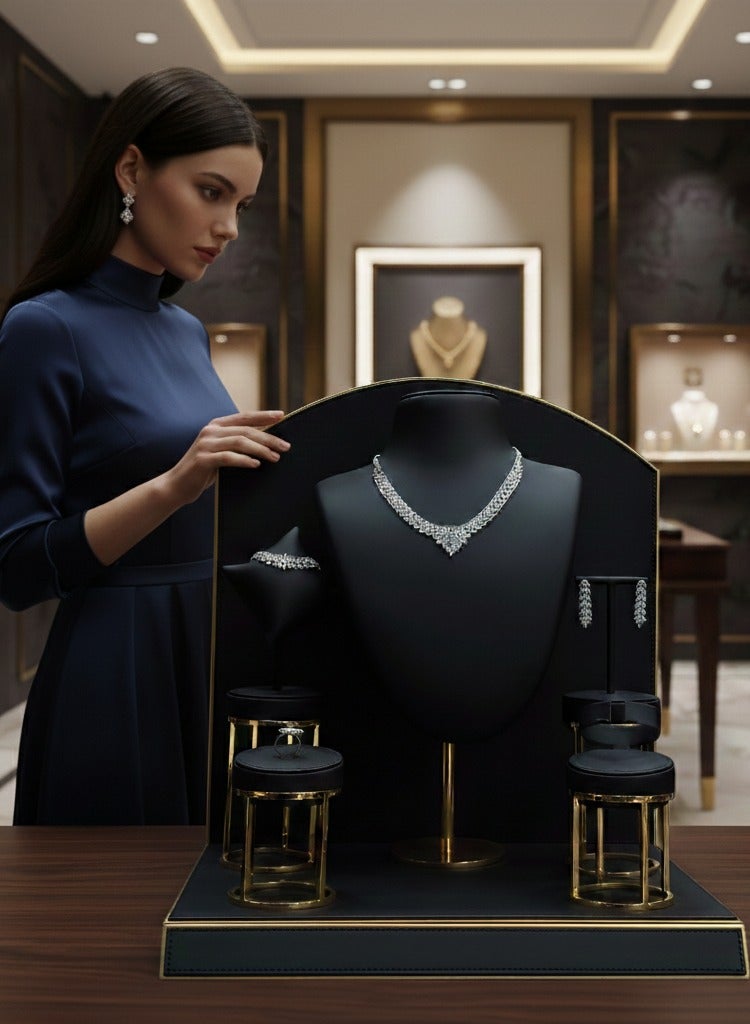 Al Seraj Luxury Jewelry Set Display Stand – Made in Dubai UAE | Gold Plated Metallic Base | Premium Black Rexine Leather Ring, Earring, Bangle, Bracelet & Necklace Display with Background & Main Base for Showroom - Image 3
